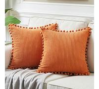 Fancy Homi Pack of 2 Corduroy Fall Decorative Throw Pillow Covers with Pom-poms, Solid Square Cushion Case Pillow Cases Set for Couch Sofa Bedroom Car Living Room (18x18 Inch/45x45 cm, Orange)