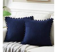 Fancy Homi Pack of 2 Corduroy Navy Blue Decorative Throw Pillow Covers with Pom-poms, Solid Square Cushion Case Pillow Cases Set for Couch Sofa Bedroom Car Living Room (18x18 Inch/45x45 cm, Navy Blue)