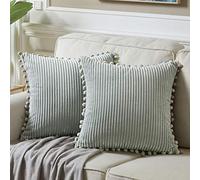 Fancy Homi Pack of 2 Corduroy Soft Decorative Throw Pillow Covers with Pom-poms, Solid Square Cushion Case Pillow Cases Set for Couch Sofa Bedroom Car Living Room 16 x 16 Inch 40 x 40 cm Grey