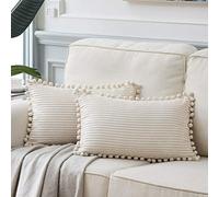 Fancy Homi Pack of 2 Decorative Lumbar Cushion Covers with Pom-poms Farmhouse Style Soft Corduroy Solid Rectangle Cushion Cases for Couch Bedroom Sofa 12x24 Inch 30x60 cm Cream