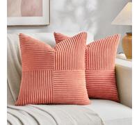 Fancy Homi - Pack of 2 Decorative Throw Pillow Covers for Sofa Bed Boho Rustic Home Decor Soft Corduroy Patchwork Square 50x50cm Coral