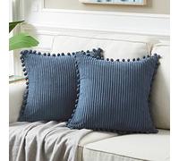 Fancy Homi Pack of 2 Dusty Blue Decorative Throw Pillow Covers 20x20 Inch with Pom-poms for Living Room Couch Bedroom, Soft Corduroy Solid Square Cushion Case 50x50 cm, Rustic Farmhouse Home Decor