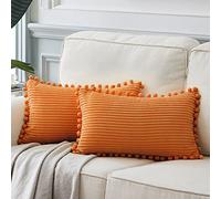 Fancy Homi Pack of 2 Fall Lumbar Decorative Throw Pillow Covers with Pom-poms, Soft Corduroy Solid Rectangle Cushion Cases for Couch Sofa Bed Living Room, Fall Home Decor (12x24 Inch/30x60 cm, Orange)