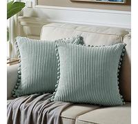 Fancy Homi Pack of 2 Farmhouse Decorative Throw Pillow Covers with Pom-poms, Soft Corduroy Solid Square Cushion Cases Set for Couch Sofa Bedroom Car Living Room (18x18 Inch/45x45 cm, Grey Blue)