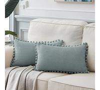 Fancy Homi Pack of 2 Farmhouse Lumbar Decorative Throw Pillow Covers with Pom-poms, Soft Corduroy Solid Rectangle Cushion Cases Set for Couch Sofa Bedroom Living Room (12x20 Inch/30x50 cm, Grey Blue)