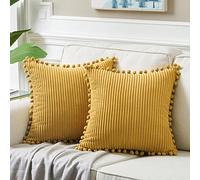 Fancy Homi Pack of 2 Mustard Yellow Fall Decorative Throw Pillow Covers 20x20 Inch with Pom-poms for Living Room Couch Bedroom, Soft Corduroy Solid Square Cushion Case 50x50 cm, Boho Home Decor