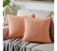 Fancy Homi Pack of 2 Peach Decorative Throw Pillow Covers 18x18 Inch with Pom-poms for Couch Bed Living Room Bedroom, Farmhouse Boho Home Decor, Soft Coral Corduroy Solid Square Cushion Case 45x45 cm