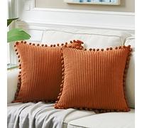 Fancy Homi Pack of 2 Rust Fall Decorative Throw Pillow Covers 20x20 Inch with Pom-poms for Living Room Couch Bedroom, Soft Corduroy Terracotta Solid Square Cushion Case 50x50 cm, Boho Home Decor