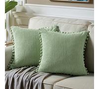 Fancy Homi Pack of 2 Sage Green Decorative Throw Pillow Covers with Pom-poms, Soft Corduroy Solid Square Cushion Cases Set for Couch Sofa Bedroom Car Living Room (18x18 Inch/45x45 cm, Sage Green)