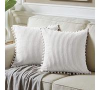 Fancy Homi Pack of 2 White Boho Decorative Throw Pillow Covers with Pom-poms, Soft Corduroy Solid Square Cushion Cases Set for Couch Living Room Bedroom Sofa Car (18x18 Inch/45x45 cm, Pure White)