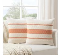 Fancy Homi Set of 2 Boho Coral Decorative Throw Pillow Cover 22x22 Inch for Couch Bed Sofa, Aesthetic Modern Organic Farmhouse Home Decor, Soft Cotton Cute Accent Macrame Woven Cushion Case