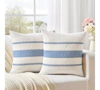 Fancy Homi Set of 2 Boho Light Blue Decorative Throw Pillow Cover 16x16 Inch for Couch Bed Sofa, Aesthetic Modern Organic Farmhouse Home Decor, Soft Cotton Cute Accent Macrame Woven Cushion Case