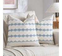 Fancy Homi Set of 2 Boho Light Blue Decorative Throw Pillow Cover 18x18 Inch for Couch Bed Sofa, Aesthetic Farmhouse Home Decor, Soft Cotton Cute Accent Macrame Woven Cushion Case with Tassels
