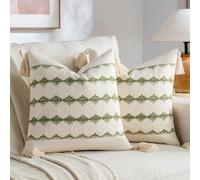 Fancy Homi Set of 2 Boho Moss Green Decorative Throw Pillow Cover 16x16 Inch for Couch Bed Sofa, Aesthetic Modern Farmhouse Home Decor, Soft Cute Accent Macrame Woven Cushion Case with Tassels