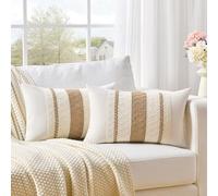 Fancy Homi Set of 2 Boho Neutral Long Lumbar Decorative Throw Pillow Cover 14x24 Inch for Couch Bed Sofa Chair, Modern Organic Farmhouse Home Decor, Soft Cotton Cute Accent Tan Rectangle Cushion Case