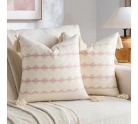 Fancy Homi Set of 2 Boho Pink Decorative Throw Pillow Cover 20x20 Inch for Couch Bed Sofa, Aesthetic Modern Organic Farmhouse Home Decor, Soft Cotton Accent Macrame Woven Cushion Case with Tassels