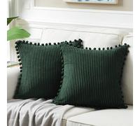 Fancy Homi Set of 2 Dark Green Boho Decorative Throw Pillow Covers 16x16 Inch with Pom-poms for Living Room Couch Bed Sofa Bedroom Indoors, Modern Farmhouse Boho Vintage Army Green Home Decor