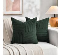 Fancy Homi Set of 2 Dark Green Samll Decorative Throw Pillow Covers 14x14 Inch for Living Room Couch Bed, Boho Farmhouse Forest Green Home Decor, Soft Corss Corduroy Patchwork Textured Cushion Case
