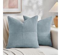 Fancy Homi Set of 2 Light Blue Samll Decorative Throw Pillow Covers 18x18 Inch with for Couch Bed Sofa Living Room, Soft Cross Patchwork Striped Corduroy Coastal Blue Square Cushion Case 45x45 cm