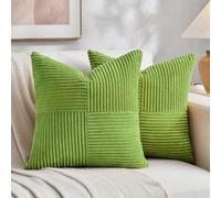 Fancy Homi Set of 2 Lime Green Decorative Throw Pillow Covers 22x22 Inch for Living Room Couch Bed Sofa, Farmhouse Boho Home Decor, Soft Cross Corduroy Patchwork Accent Square Cushion Case 55x55 cm