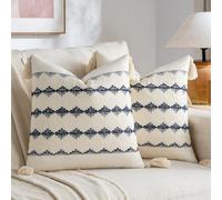 Fancy Homi Set of 2 Navy Blue Decorative Throw Pillow Covers 20x20 Inch for Couch Bed Sofa Living Room Office, Aesthetic Organic Farmhouse Home Decor, Cotton Woven Textured Cushion Case with Tassels