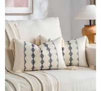 Fancy Homi Set of 2 Navy Blue Lumbar Decorative Throw Pillow Covers 12x20 Inch for Couch Bed Sofa Living Room, Aesthetic Organic Farmhouse Home Decor, Cotton Woven Textured Cushion Case with Tassels