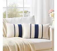 Fancy Homi Set of 2 Navy Blue Lumbar Decorative Throw Pillow Covers 12x20 Inch for Couch Bed Sofa Living Room, Aesthetic Modern Organic Farmhouse Home Decor, Soft Cotton Woven Textured Cushion Case