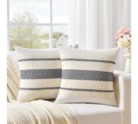 Fancy Homi Set of 2 Neutral Grey Farmhouse Decorative Throw Pillow Covers 16x16 Inch for Couch Bed Chair Indoors, Vintage Country Rustic Retro Room Decor, Soft Thick Cotton Handmade Woven Cushion Case