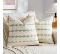 Fancy Homi Set of 2 Sage Green Boho Decorative Throw Pillow Covers 18x18 Inch for Living Room Bedroom Couch Bed Sofa Chair, Rustic Retro Cushion Case with Tassels, Bohemian Farmhouse Room Home Décor