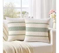 Fancy Homi Set of 2 Sage Green Boho Decorative Throw Pillow Covers 20x20 Inch for Living Room Bedroom Couch Bed Indoors, Rustic Retro Cushion Case, Bohemian Room Home Decor