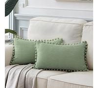 Fancy Homi Set of 2 Sage Green Decorative Lumbar Throw Pillow Covers with Pom-poms, Soft Corduroy Rectangle Cushion Covers for Sofa Bedroom Car Living Room (12x20 Inch, Green)