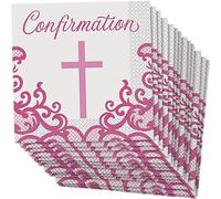 Fancy Pink Cross Confirmation Luncheon Napkins (16cm) - Elegant & Stunning Design - Perfect for Religious Celebrations & Events - 16ct