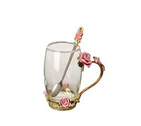 Fancy Tea Cups Tea Cup Glass Coffee Mugs,Clear Glass Cups with Spoon Set,Send Coaster Cleaning Cloth，Mother's Day Gifts Rose Flower Enamel Design Birthday Decoration Wedding Gift Ideas (Pink,Tall)