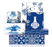 Fancy Vintage Blue and White Porcelain Chinoiserie Watercolor Ginger Jar Jungle Blue Gift Wrapping Paper, Oriental Art Paper Folded Flat 6 Sheets 6 Designs: 23 sq. ft. ttl-for Birthdat Friends Lover