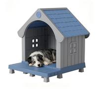 Fancyango Dog House Outdoor Indoor Weatherproof for Small Medium Dogs, Durable Plastic Pet House with Porch, Sloping roof and Elevated Floor, Easy Cleaning and Assemble(Blue, 32.95"L×31.5"W×37.88"H)