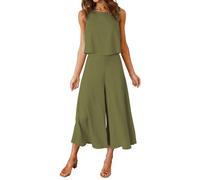 FANCYINN Women Casual Tracksuit 2 Piece Round Neck Loungewear with Wide Leg Trousers Outfit Loose Fall Autumn Summer Set Olive Green M