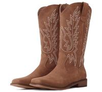 FancyQueen Cowboy Boots for Women - Square Toe Cowgirl Boots, Mid Calf Western Boots with Embroidery, Pull On Chunky Heel for Daily Wear, Red/Brown, 6 UK