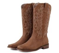 FancyQueen Cowboy Boots for Women - Square Toe Cowgirl Boots, Mid Calf Western Boots with Embroidery, Pull On Chunky Heel for Daily Wear, Red/Brown, 4.5 UK