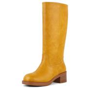 FancyQueen Women's Knee High Boots, Square Toe Tall Long Boots with Chunky Low Block Heel, Pull On Fashion Footwear for Casual, Campus, Party, Country Concerts, Fall and Riding, Banana Yellow, 4.5 UK