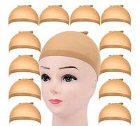 FANDAMEI 12Pcs Light Brown Elastic Stretchy Nylon Stocking Wig Caps - Unisex Dome Cap with Close End for Women Makeup, Mesh Net Stocking Cap Hair Net for Wigs, Nylon Wig Making Cap Snood for Men