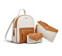 FANDARE 3-Piece Womens Backpack Retro Ladies School Bag with Shoulder Underarm Bag Clutch Wrist Handbag Waterproof PU Leather Daypack Girls Purse for Commute Shopping Work Travel Rucksack White Brown