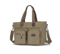 FANDARE Canvas Tote Handbag for Men Women 14 Inch Laptop Work Top-Handle Shoulder Bag Waterproof Multi Pocket Casual Daily Travel Crossbody Bag for Office School Messenger Bags Khaki