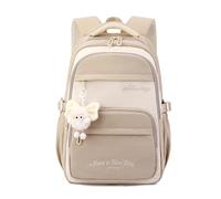 FANDARE Cartoon Children School Backpack Teens Girls Elementary Middle Bookbag with Plush Toy & Cute Embroidery Boys Casual Daypacks for Daily Use Outdoor Travel Campus Khaki