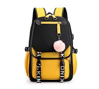 FANDARE Casual Backpack Girl School Bag College Daypacks with USB Charging Port fit 15.6 inch Laptop Bookbag Women Travel Rucksack with Hair Ball Pendant Waterproof Nylon Yellow