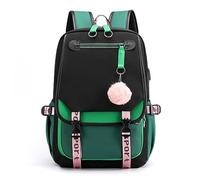 FANDARE Casual Backpack Girl School Bag College Daypacks with USB Charging Port fit 15.6 inch Laptop Bookbag Women Travel Rucksack with Hair Ball Pendant Waterproof Nylon Green A