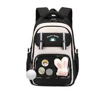 FANDARE Cute Casual Backpack for Teenagers, Kawaii School Bag with Cartoon Pin & Charm Rabbit, Lightweight Daypack for Daily Use, Travel & Campus, for Girls Ages 6-16 Black