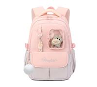 FANDARE Cute Children Backpack with Plush Toy Bookbag Middle High School Bag Multifunctional Daypacks for Ages 5-22 Versatile Daypack for Girls Boys Daily Use Travel Campus Gray Pink