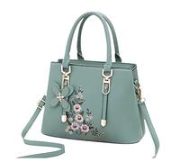 FANDARE Embroidered Handbag for Women Waterproof Top-Handle Bags Shoulder Bag Satchel Bag PU Leather Crossbody Bag Messenger Bag for Work Travel Office Party Shopping Green
