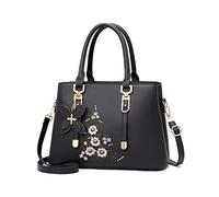 FANDARE Embroidered Handbag for Women Waterproof Top-Handle Bags Shoulder Bag Satchel Bag PU Leather Crossbody Bag Messenger Bag for Work Travel Office Party Shopping Black