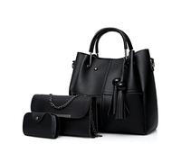 FANDARE Fashion Bucket Tote Bag 3 Pcs Set Women Handbag Shoulder Bag Waterproof Fringed Top-Handle Bags PU Leather Chain Messenger Bag for Work Travel Office Party Shopping Black A
